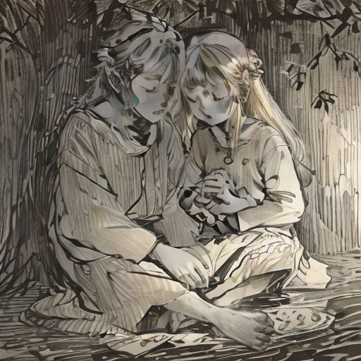 a drawing of two people sitting on the ground next to a tree and a dog on the ground next to them