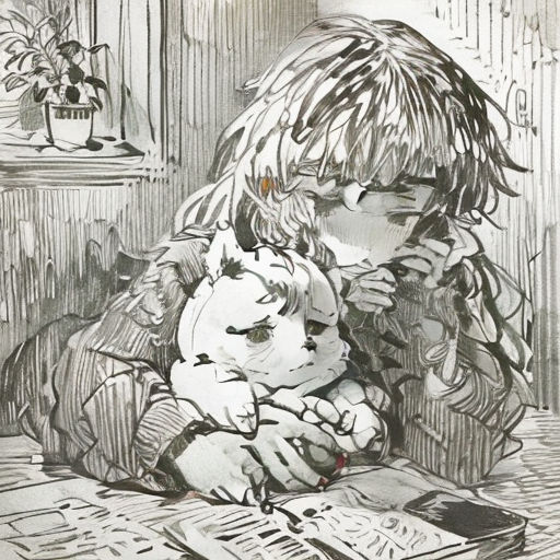 a drawing of a child holding a cat and a dog on a table with a book and a plant