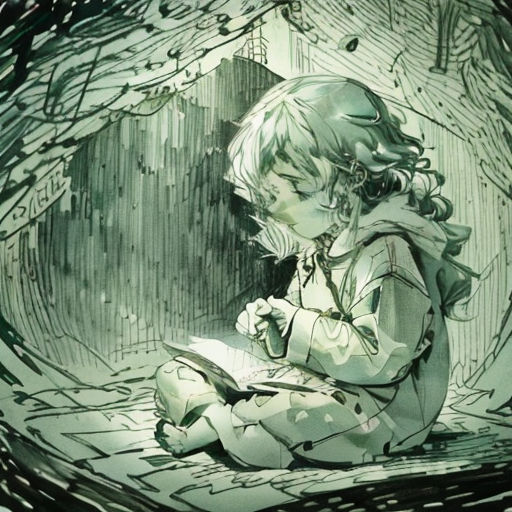 a little girl sitting on the ground reading a book in a tunnel of water and rocks, with a green background