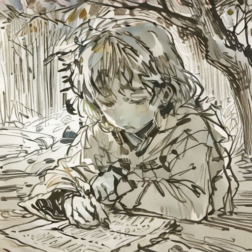 a drawing of a person sitting under a tree with a book in their hands and a bird flying over them