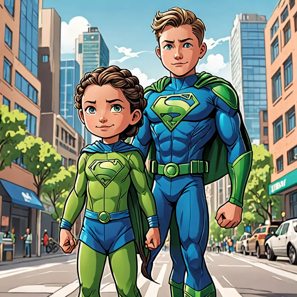 a man and a woman in superman costumes crossing a street in a city with tall buildings behind them, with a man in a green suit and a woman in a green suit, superflat, a comic book panel, Altichiero, comic cover art
