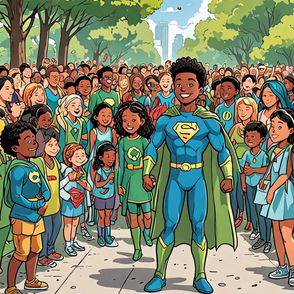a cartoon of a man dressed as a superman surrounded by children in a park with trees and a fountain, harlem renaissance, a comic book panel, Chris LaBrooy, comic cover art