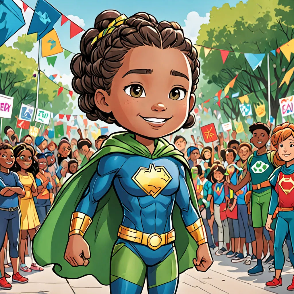 a cartoon of a young girl dressed as a super hero in front of a crowd of children in a parade, superflat, a comic book panel, Everett Warner, comic cover art