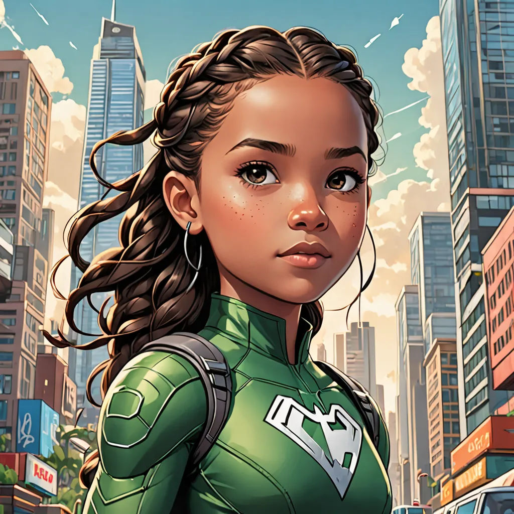 a woman in a green suit standing in front of a cityscape with skyscrapers and cars in the background, afrofuturism, a comic book panel, Artgerm, comic cover art