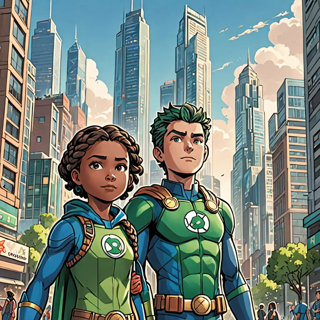 a couple of people standing next to each other in front of a cityscape with skyscrapers in the background, afrofuturism, a comic book panel, Altichiero, comic cover art