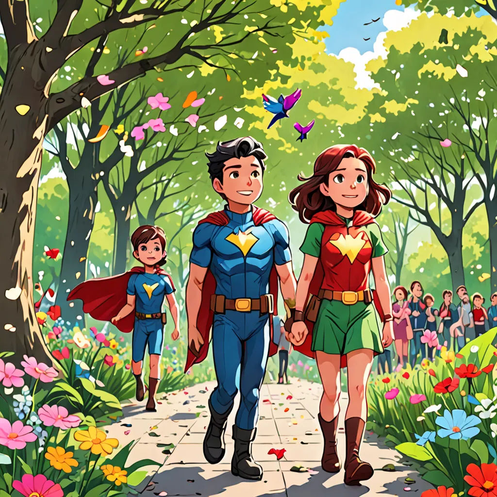 a man and woman walking down a path with a child on his back and a bird flying above them, lyco art, a comic book panel, David Park, official art
