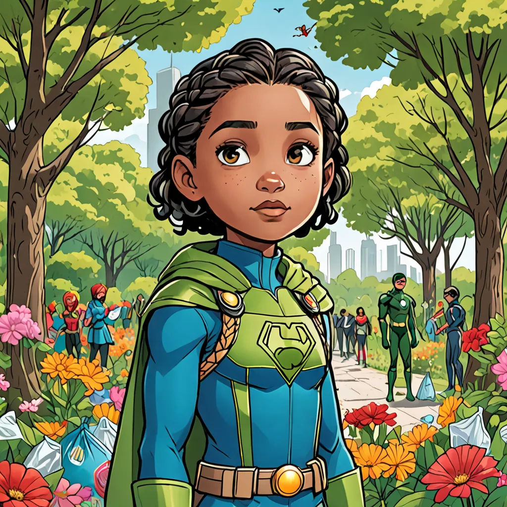 a cartoon of a woman in a green and blue uniform standing in a park with flowers and people in the background, afrofuturism, a comic book panel, Everett Warner, comic cover art