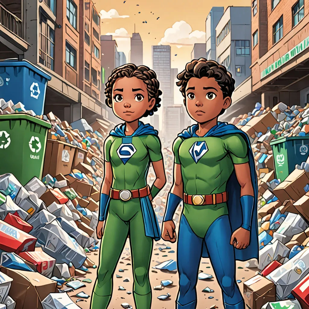 two people standing in a garbage filled street with a city in the background and a pile of trash in the foreground, environmental art, a comic book panel, Chris LaBrooy, comic cover art