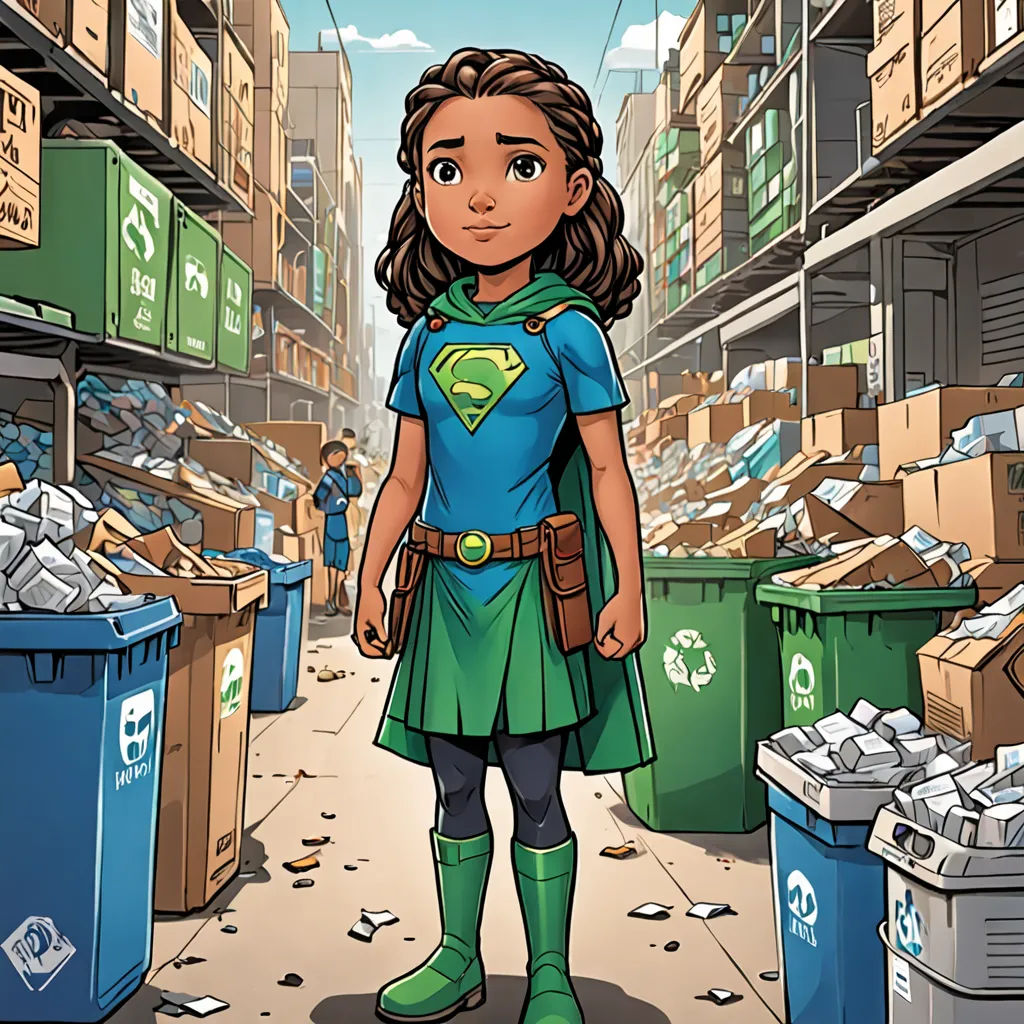 a cartoon of a girl in a green cape standing in a garbage filled alleyway with a lot of boxes and bins, superflat, a comic book panel, Everett Warner, comic cover art