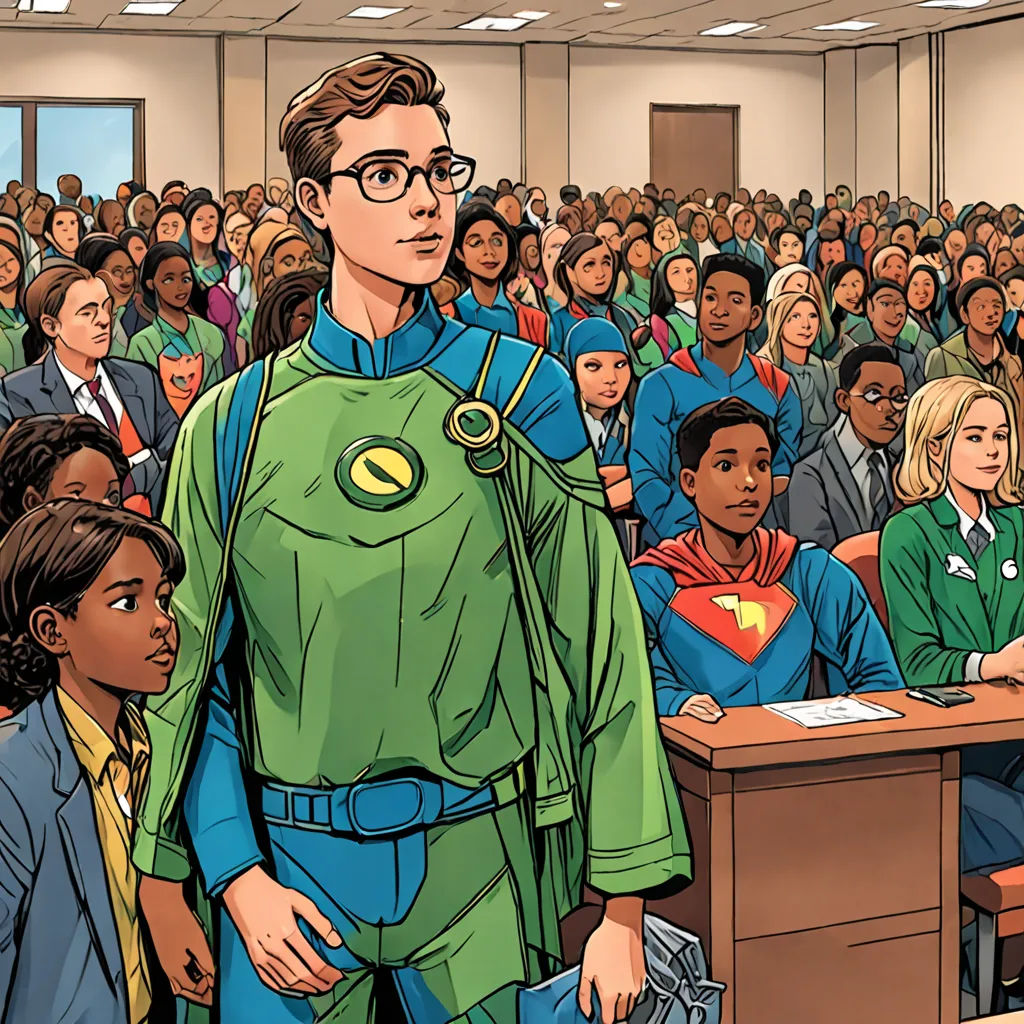 a man in a green suit standing in front of a crowd of people in a classroom with a desk, superflat, a comic book panel, Chip Zdarsky, comic book