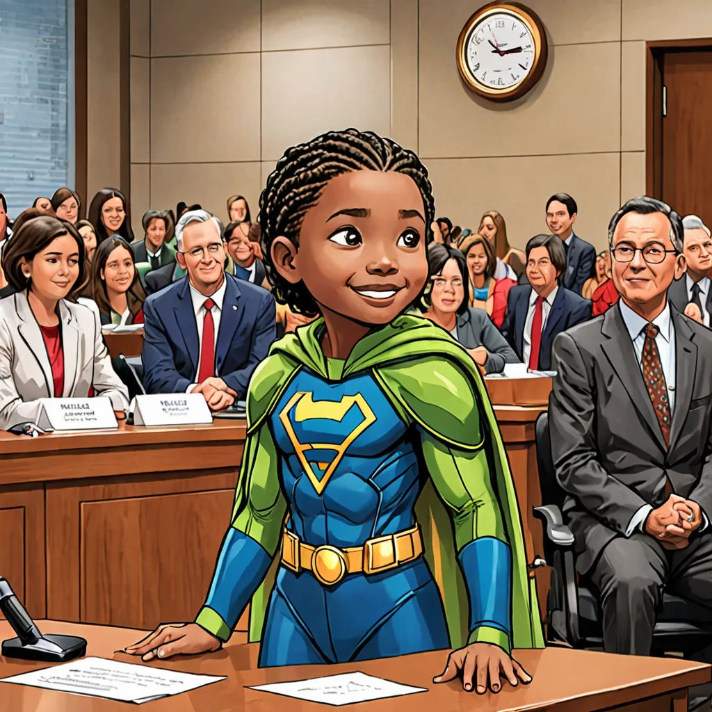 a cartoon of a woman dressed as a super hero in a courtroom with a clock in the background and people sitting in the courtroom, fantastic realism, a comic book panel, F Scott Hess, official art