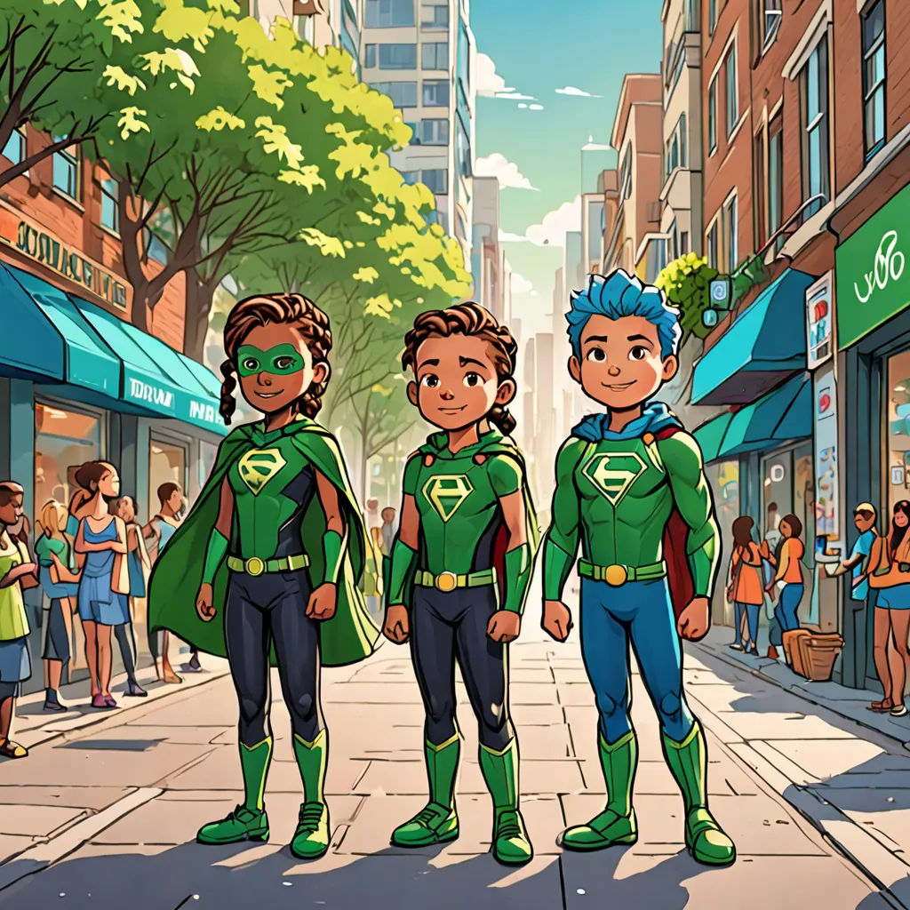 a group of people in green and blue costumes standing on a street with people in the background and a city street, lyco art, a comic book panel, Altichiero, comic cover art