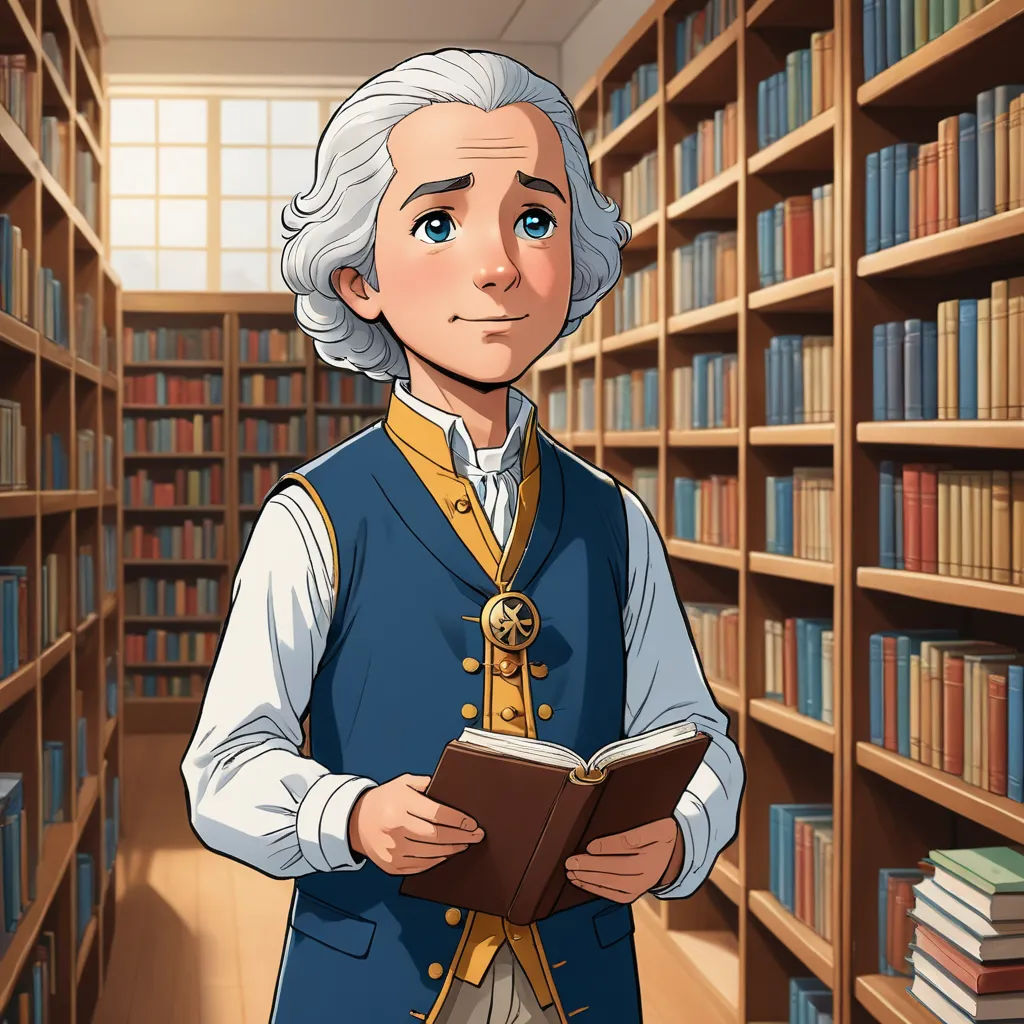 a cartoon character is reading a book in a library with bookshelves full of books behind him and a man in a vest, fantasy art, a character portrait, Benjamin Franklin, character portrait