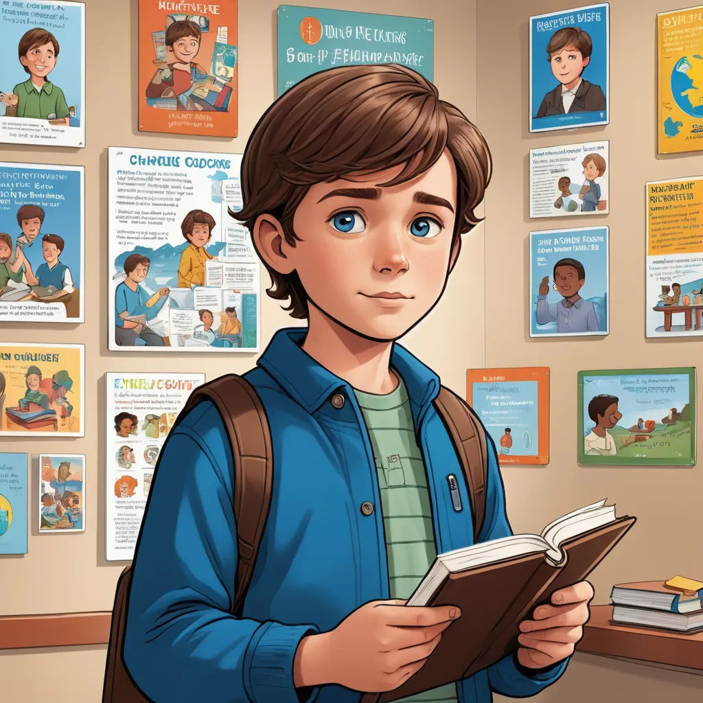 a boy is reading a book in a library with posters on the wall behind him and a book in his hand, vancouver school, a comic book panel, Aaron Jasinski, comic cover art