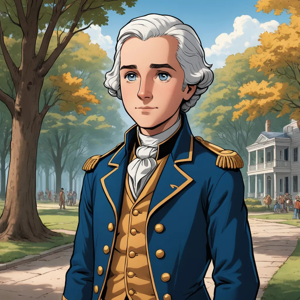 a cartoon of a man in a blue uniform standing in front of a tree and a building with a white house, american scene painting, a character portrait, Charles Fremont Conner, character portrait