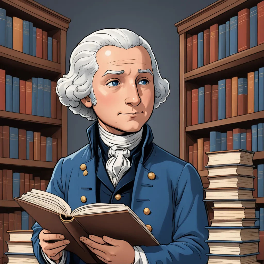 a cartoon of a man reading a book in a library with bookshelves behind him and a bookcase full of books, academic art, a character portrait, Cassius Marcellus Coolidge, character portrait