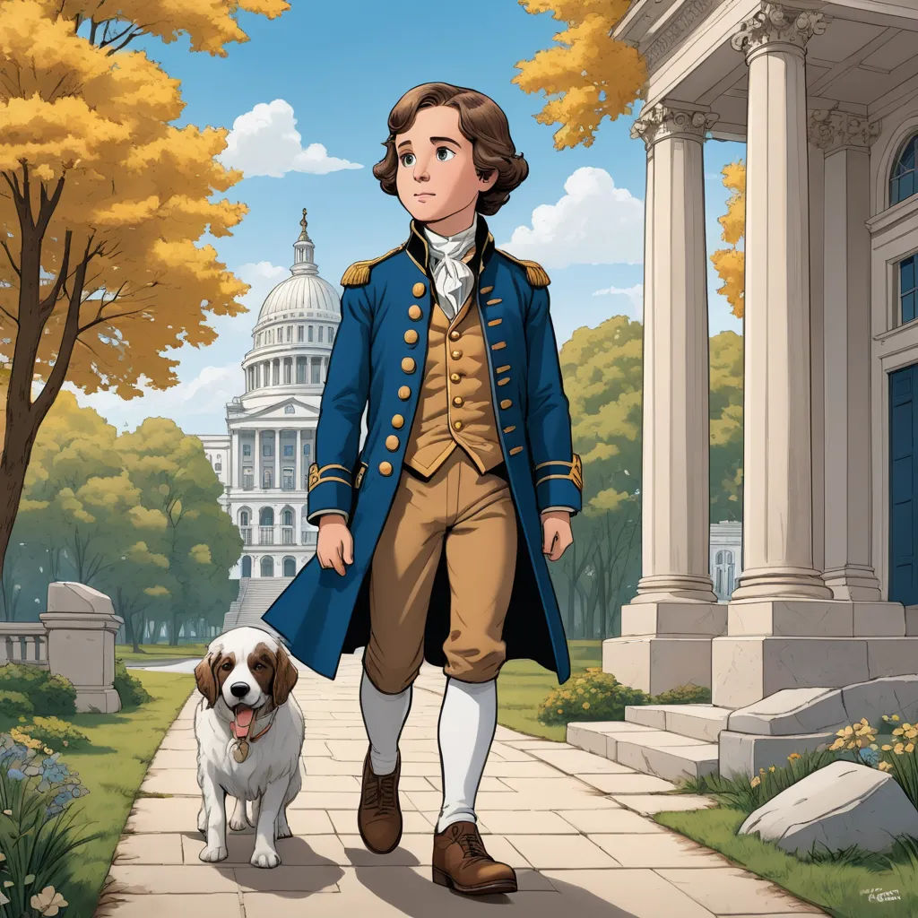 a cartoon of a man in a blue coat and a dog on a sidewalk in front of a building, american scene painting, a storybook illustration, Charles Fremont Conner, official art