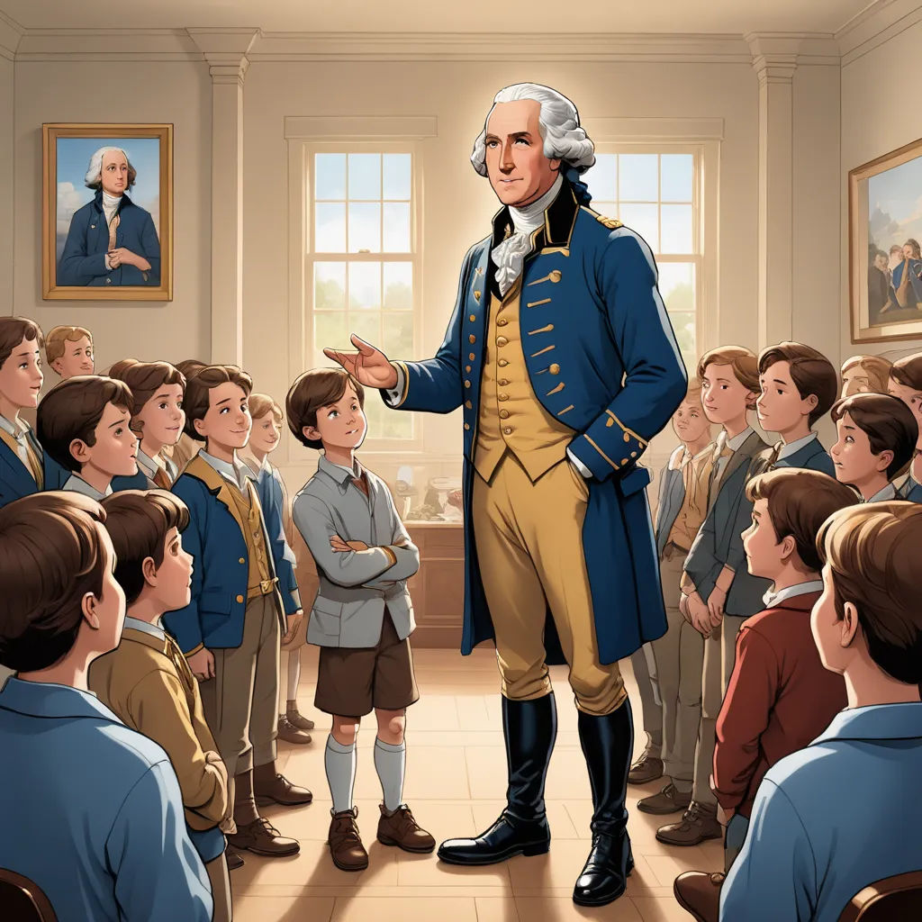 a painting of a man standing in front of a group of children in a room with a painting of george washington, american scene painting, a storybook illustration, Charles Fremont Conner, professional digital painting