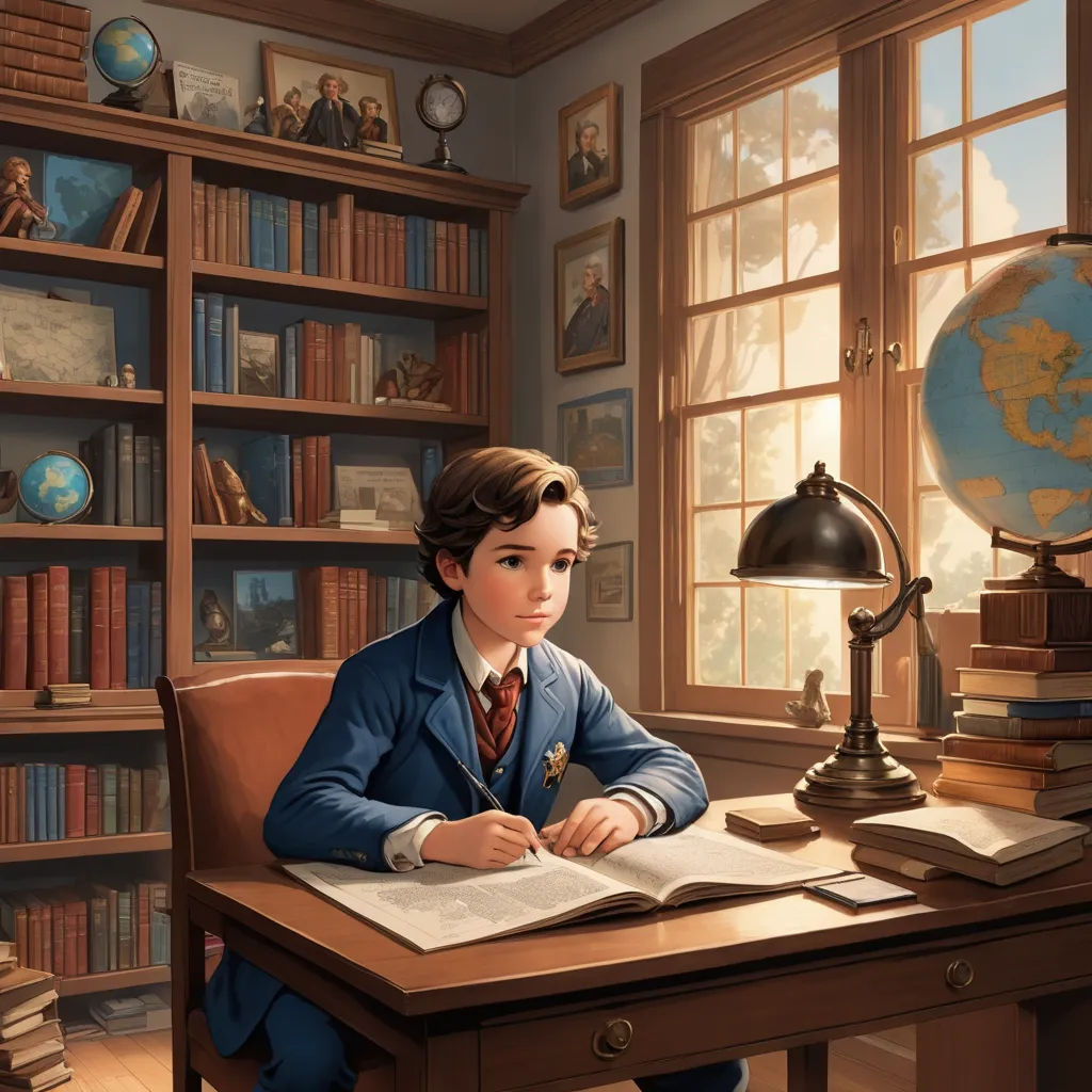 a painting of a boy sitting at a desk with a book and a globe on it, in front of a window, fantasy art, a storybook illustration, F. Scott Hess, storybook illustration