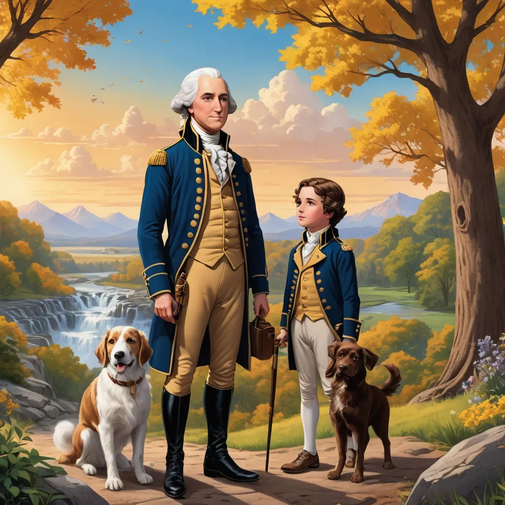 a painting of a man and a boy with a dog standing in front of a waterfall and a waterfall, american scene painting, a storybook illustration, Brothers Hildebrandt, kinkade