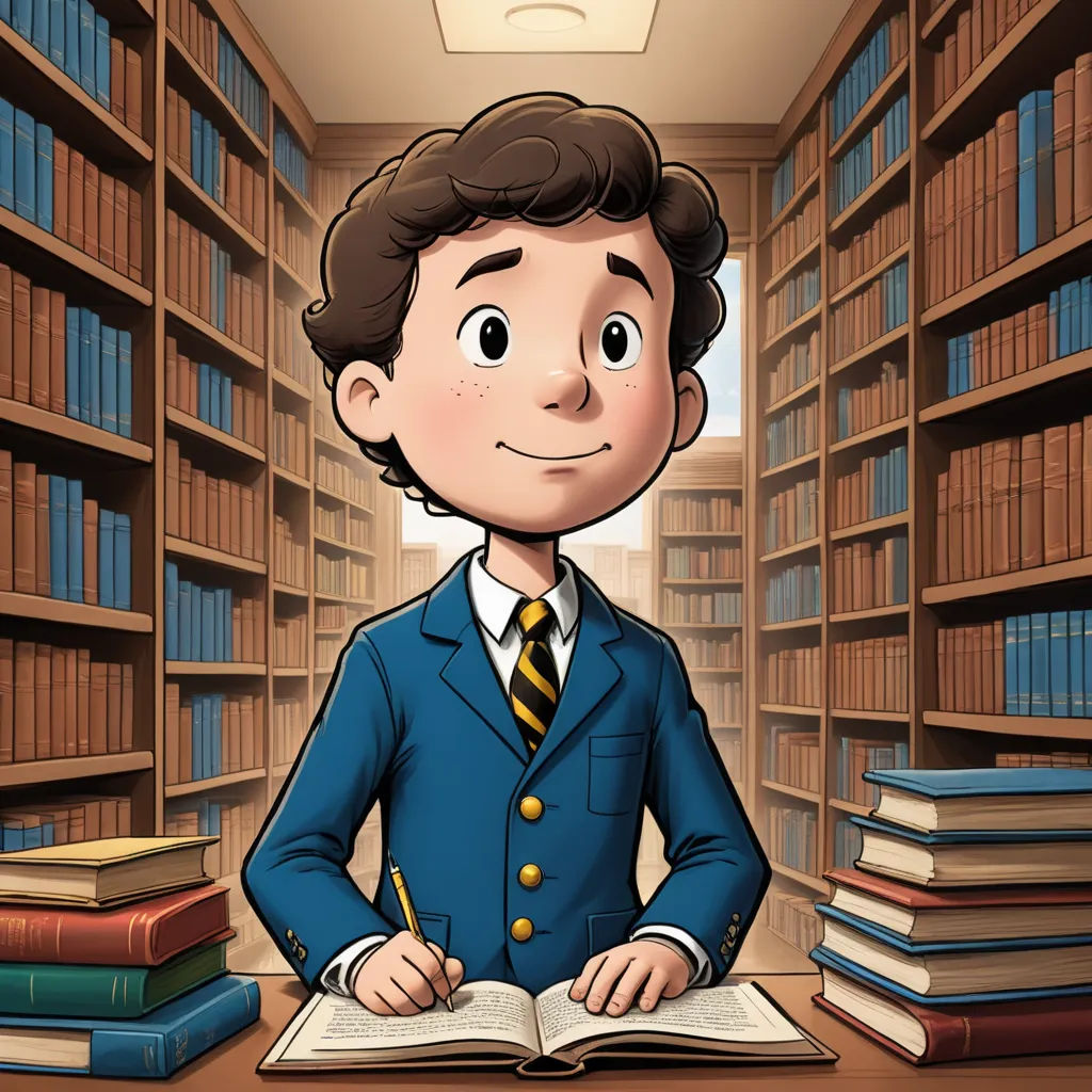 a cartoon boy in a library with a book and pen in his hand and a book on the desk, quito school, a character portrait, Diego Gisbert Llorens, character portrait