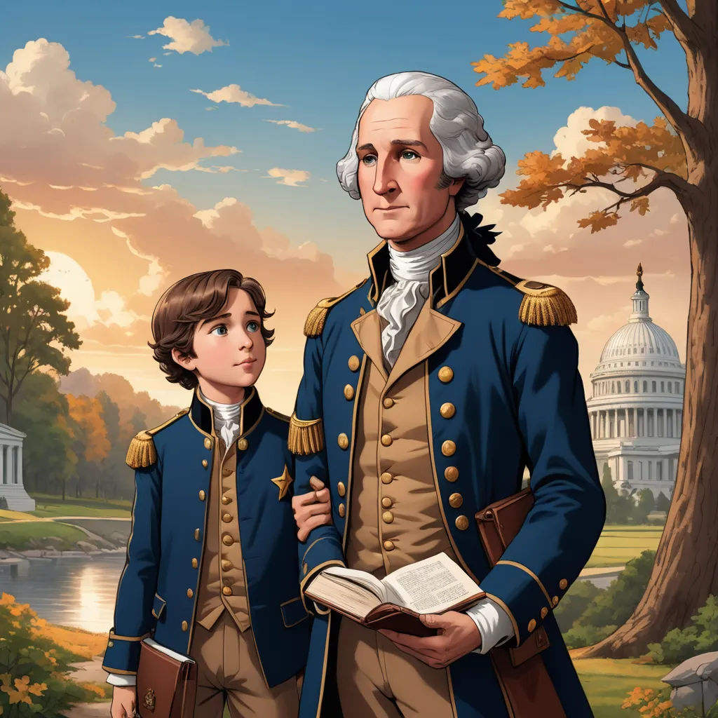 a painting of a man and a boy in military uniforms standing in front of the capitol building with a book in his hand, american scene painting, a storybook illustration, F Scott Hess, official art