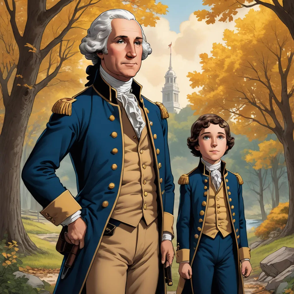 a painting of a man and a boy in blue uniforms standing in a wooded area with a castle in the background, american scene painting, a storybook illustration, F Scott Hess, key art