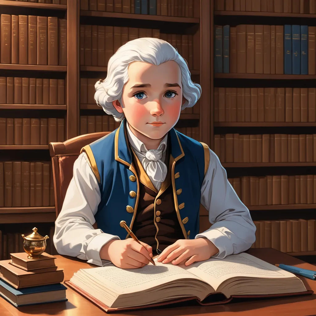 a cartoon of a boy in a library reading a book and writing something on a book page with a book in front of him, rococo, a storybook illustration, Diego Gisbert Llorens, storybook illustration