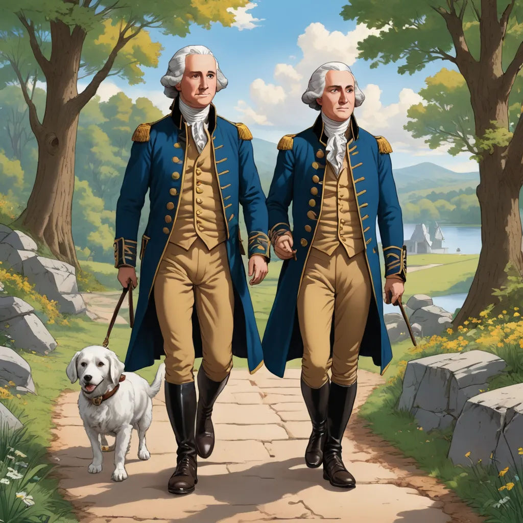 a painting of two men in blue coats and white dogs walking down a path in front of trees and a lake, american scene painting, a detailed painting, Brothers Hildebrandt, official art