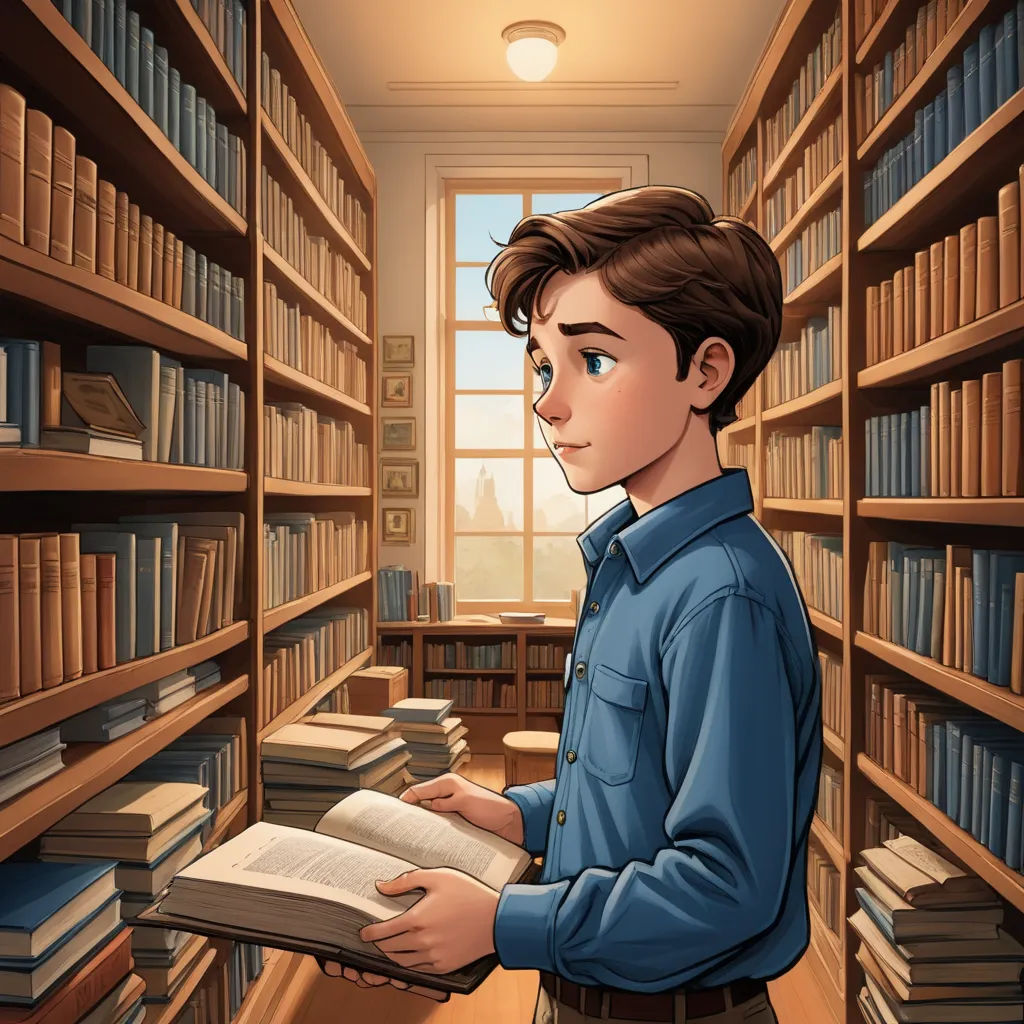 a boy is reading a book in a library full of books and bookshelves with a window to the outside, sots art, a storybook illustration, Diego Gisbert Llorens, storybook illustration
