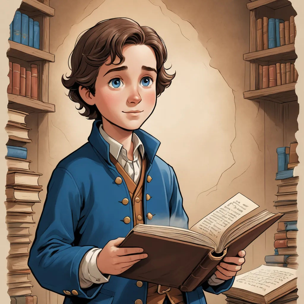a cartoon of a boy reading a book in a library with bookshelves in the background and a cartoon of him, fantasy art, a storybook illustration, Diego Gisbert Llorens, storybook illustration