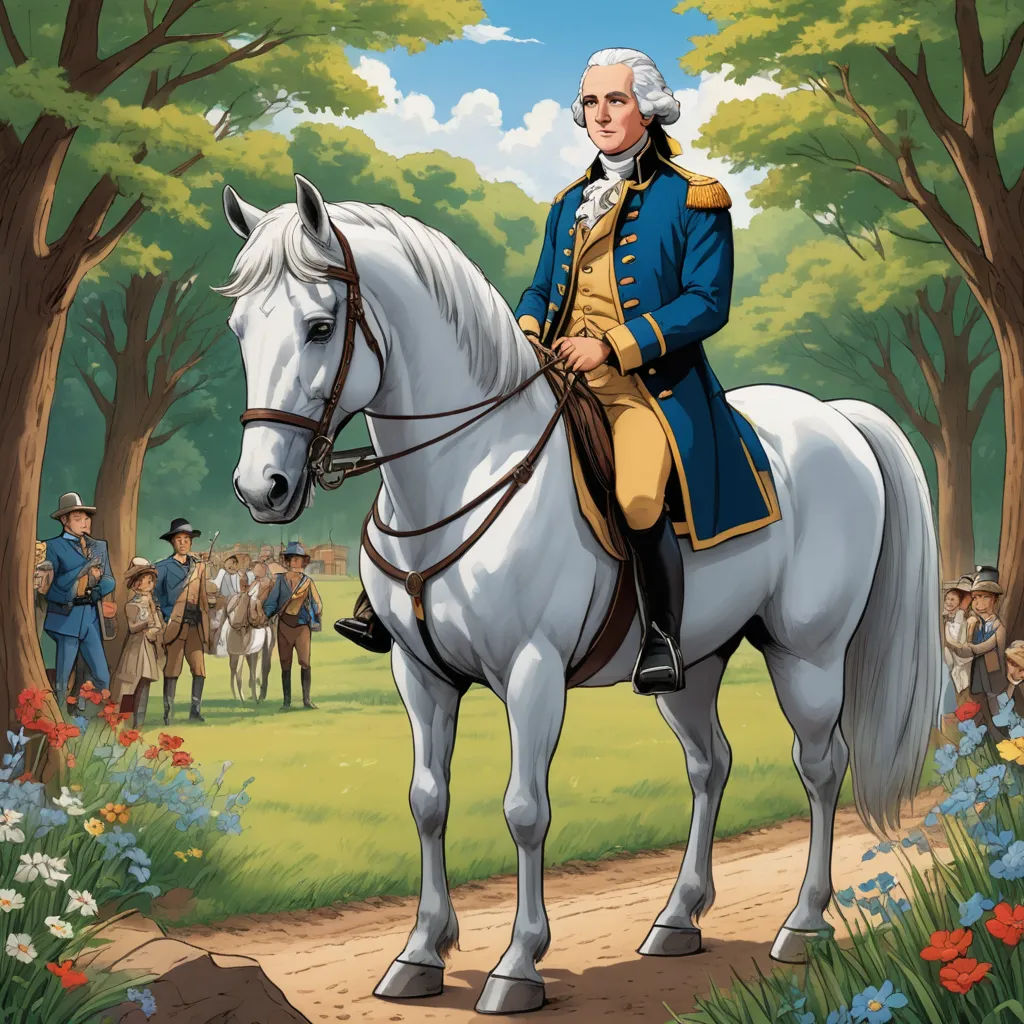 a painting of a man riding a white horse in a wooded area with people in the background and trees, american scene painting, a detailed painting, Emanuel Leutze, professional digital painting
