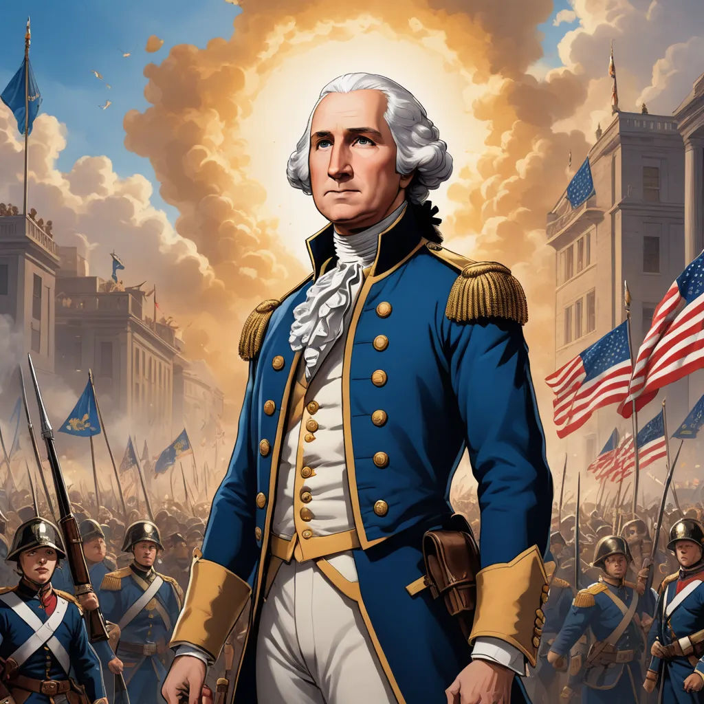 a painting of a man in a blue uniform with a flag in the background and a group of men in uniform, american romanticism, a detailed painting, Emanuel Leutze, official art