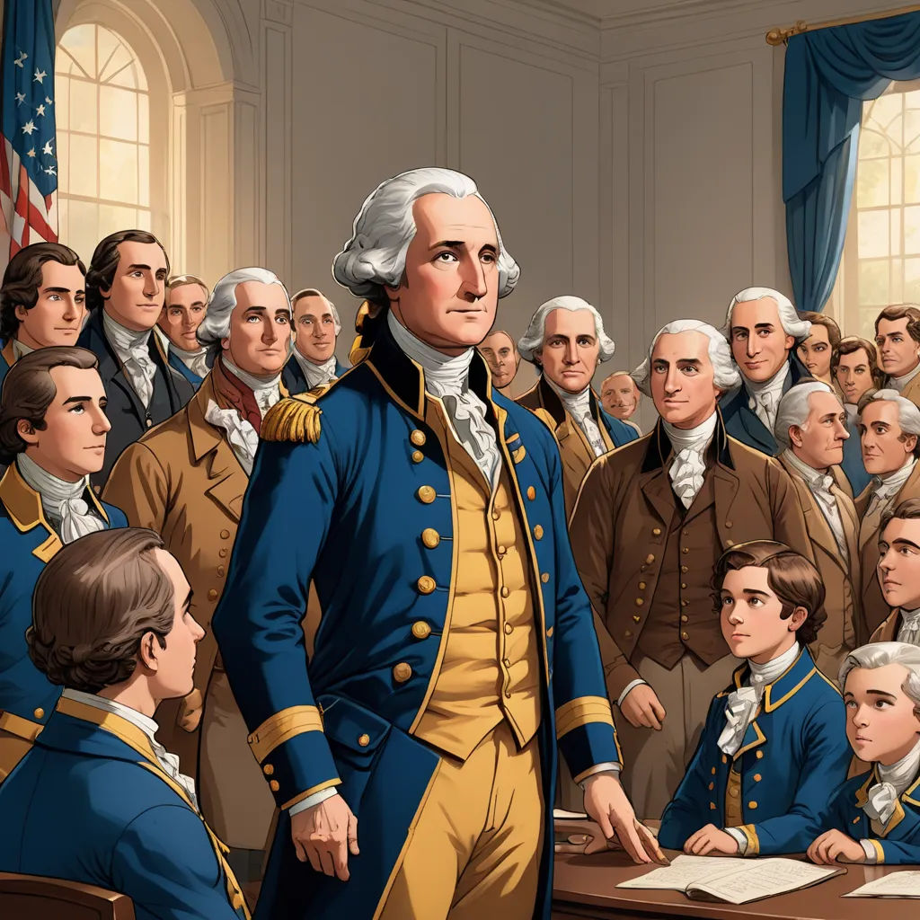 a painting of a man standing in front of a group of people in a room with a flag on the wall, american scene painting, a storybook illustration, Emanuel Leutze, official art