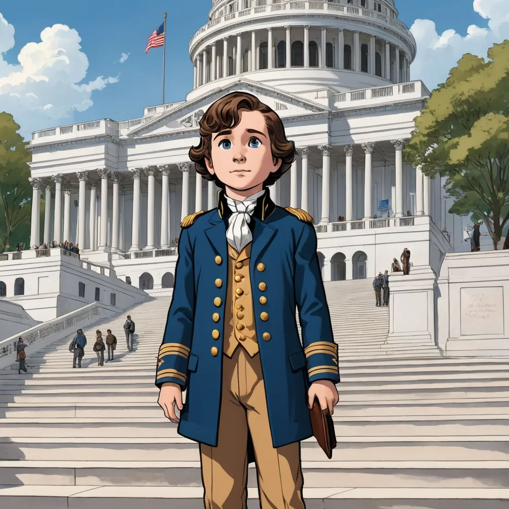 a cartoon of a man in a blue coat standing in front of a building with steps and a flag, american scene painting, a character portrait, Cassius Marcellus Coolidge, official art