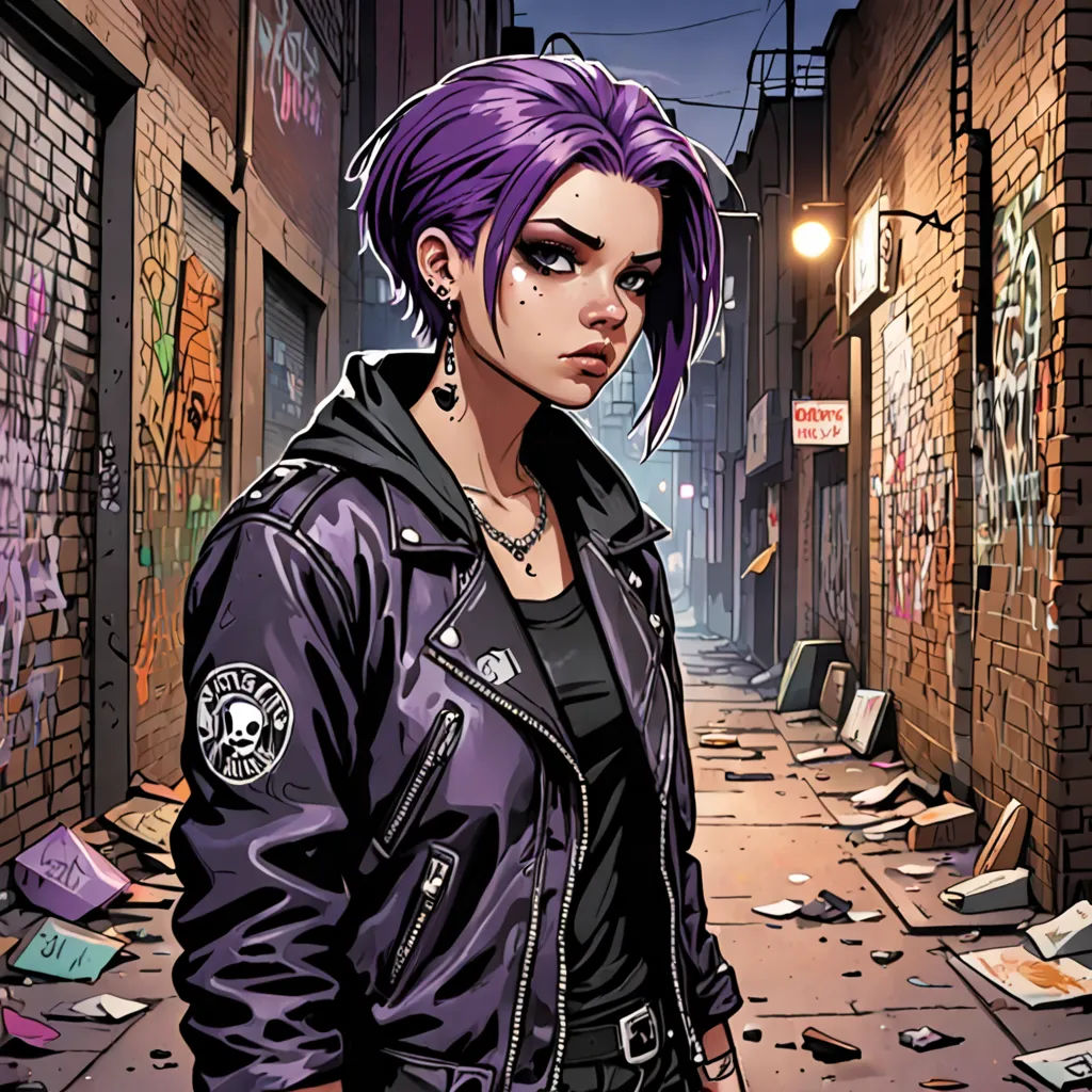 a woman with purple hair standing in a alleyway with a bunch of books strewn all over her and a brick wall, underground comix, a character portrait, Eve Ryder, comic cover art