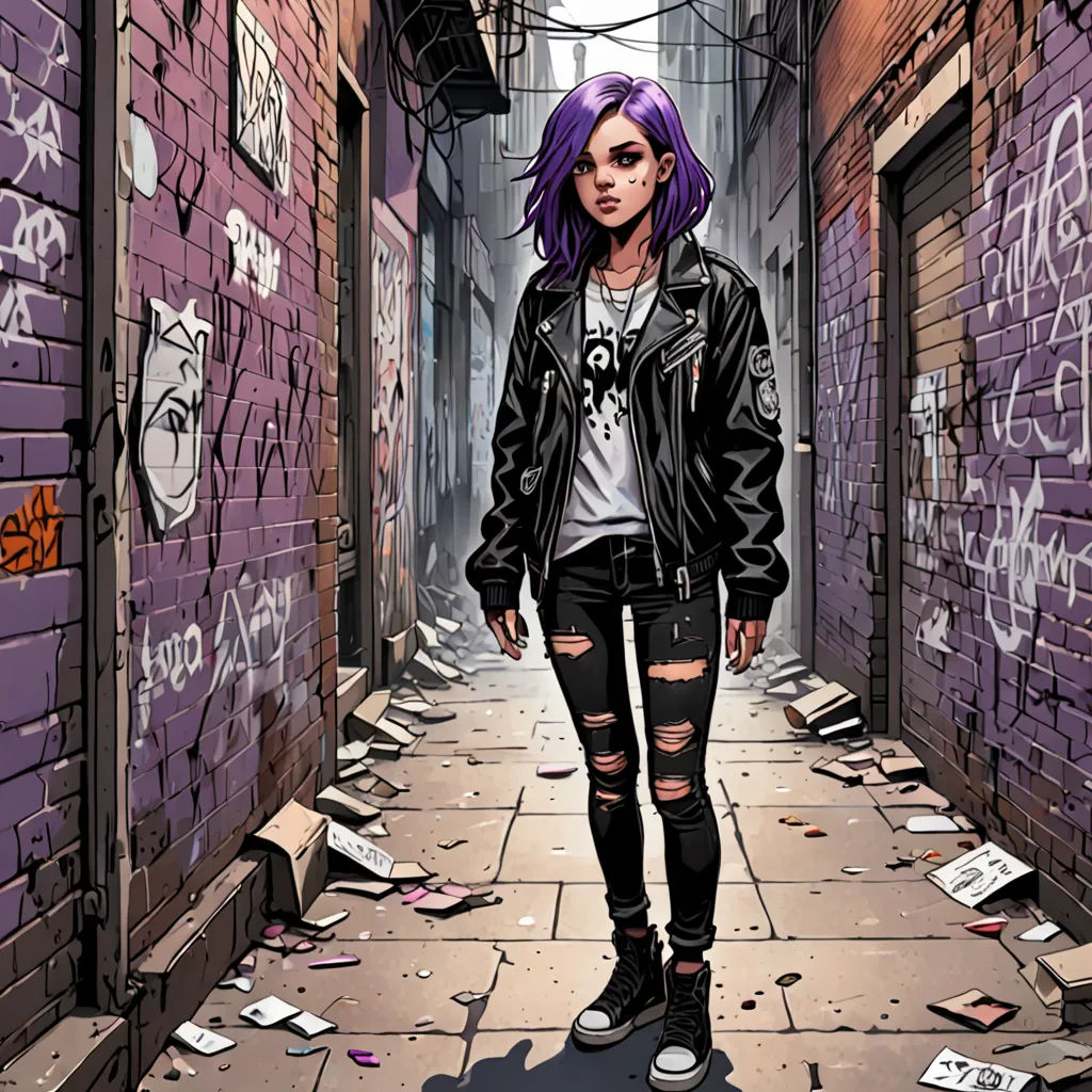 a woman with purple hair standing in a alley with graffiti on the walls and a bunch of papers strewn all over the floor, graffiti, a comic book panel, Cliff Childs, comic cover art