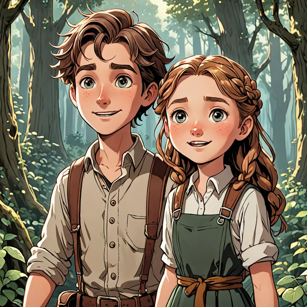 a man and a woman standing in a forest with trees and bushes behind them, with a forest background, neo-romanticism, a storybook illustration, Anne Said, official art