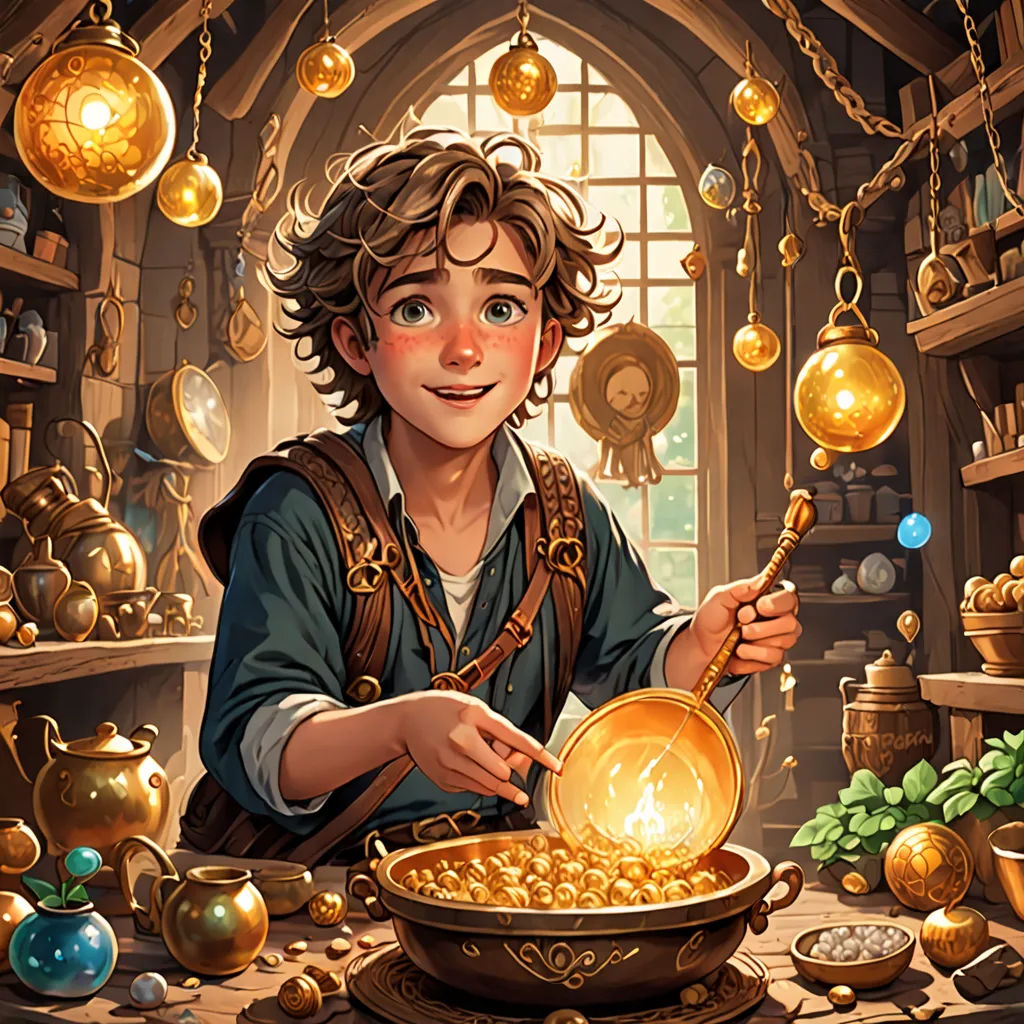 a boy is cooking a pot of gold in a kitchen with a window and a lot of gold balls, fantasy art, a storybook illustration, Clint Cearley, rossdraws global illumination