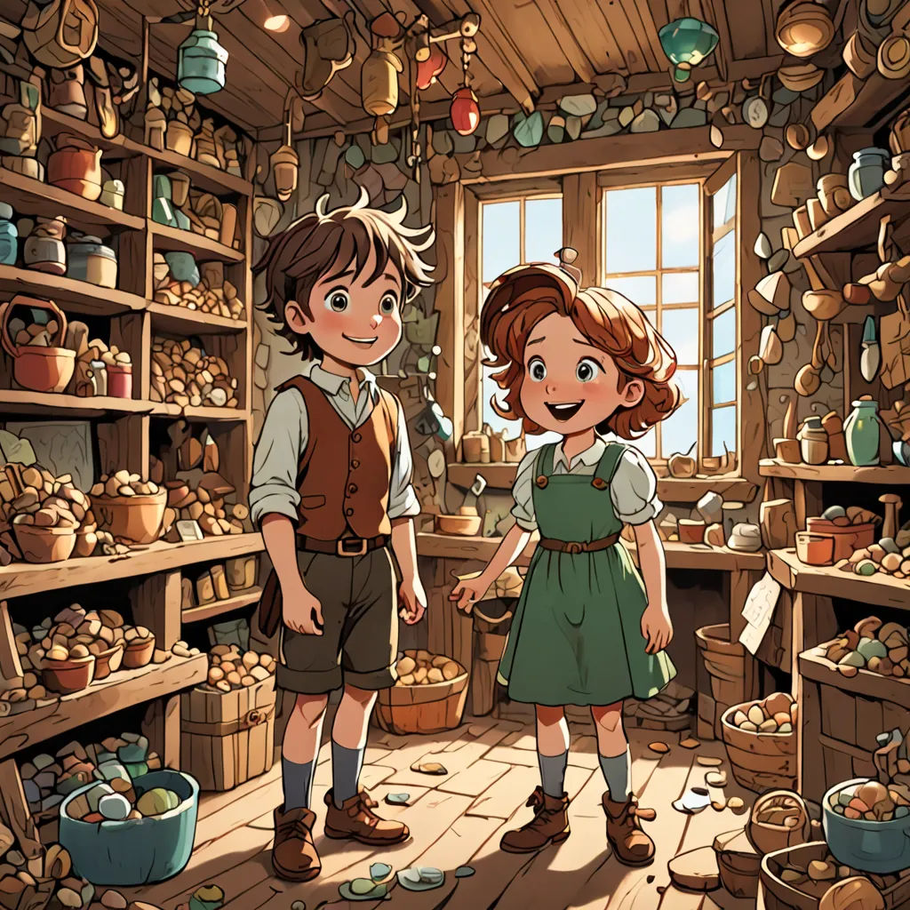 a boy and a girl standing in a room full of shelves of food and pottery and pots and pans, fantasy art, a storybook illustration, Anne Said, official art