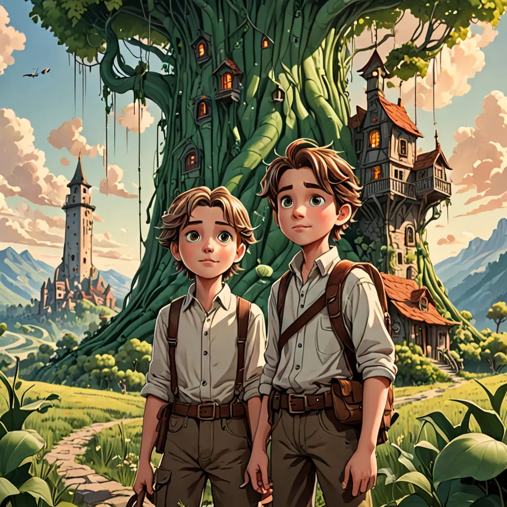 two boys standing in front of a tree with a castle in the background and a sky with clouds above, fantasy art, a storybook illustration, Brothers Hildebrandt, rossdraws global illumination