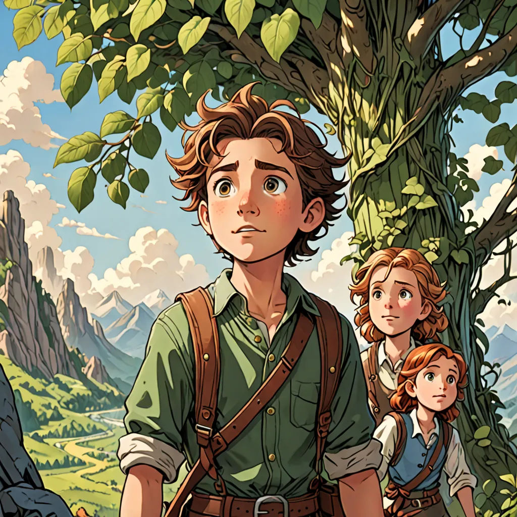 a man and two children standing in front of a tree with mountains in the background and a sky with clouds, fantasy art, a storybook illustration, Cliff Childs, rossdraws global illumination