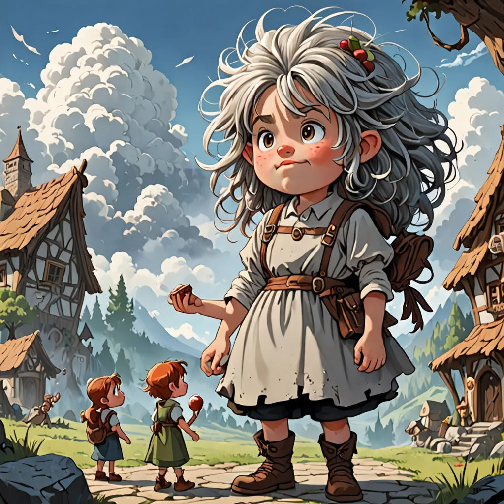 a cartoon of a girl and a boy standing in front of a village with a sky background and clouds, fantasy art, a storybook illustration, Brom, trending on art station