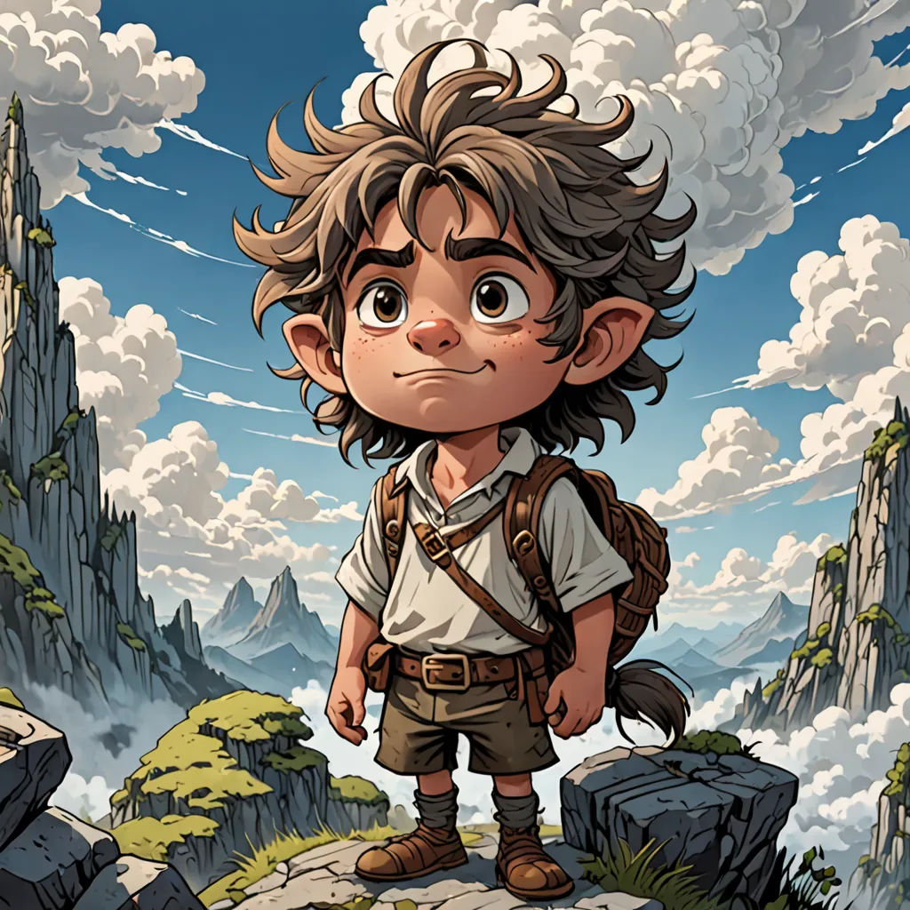 a cartoon boy with a backpack standing on a mountain top with a mountain in the background and clouds in the sky, fantasy art, a character portrait, Cliff Childs, official art