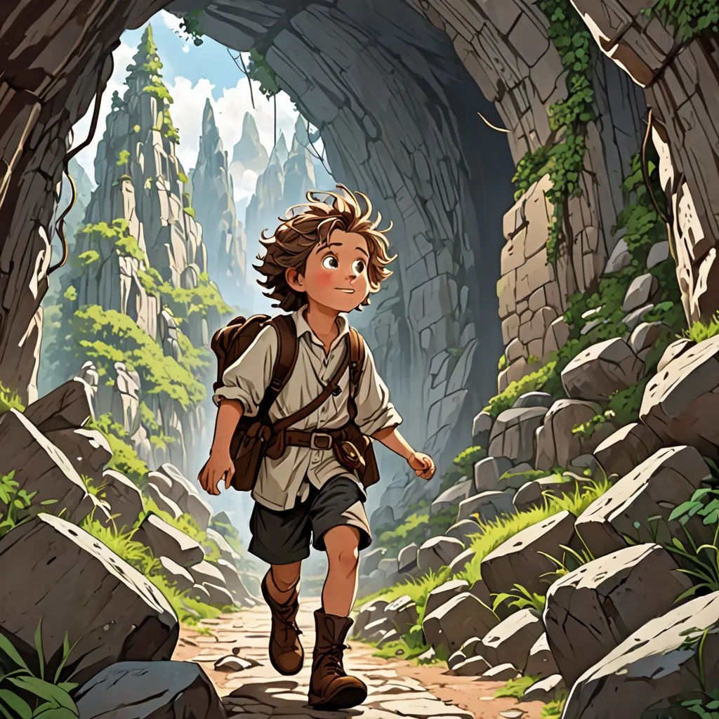 a boy is walking through a cave with a backpack on his back and a backpack on his shoulder and a backpack on his shoulder, fantasy art, a storybook illustration, Cliff Childs, rossdraws global illumination