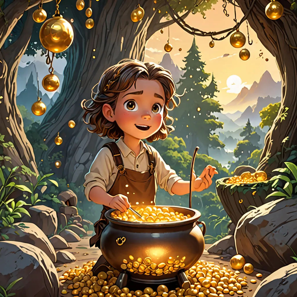 a girl is cooking gold coins in a pot in a forest with a tree and rocks in the background, fantasy art, a storybook illustration, Chris LaBrooy, rossdraws global illumination