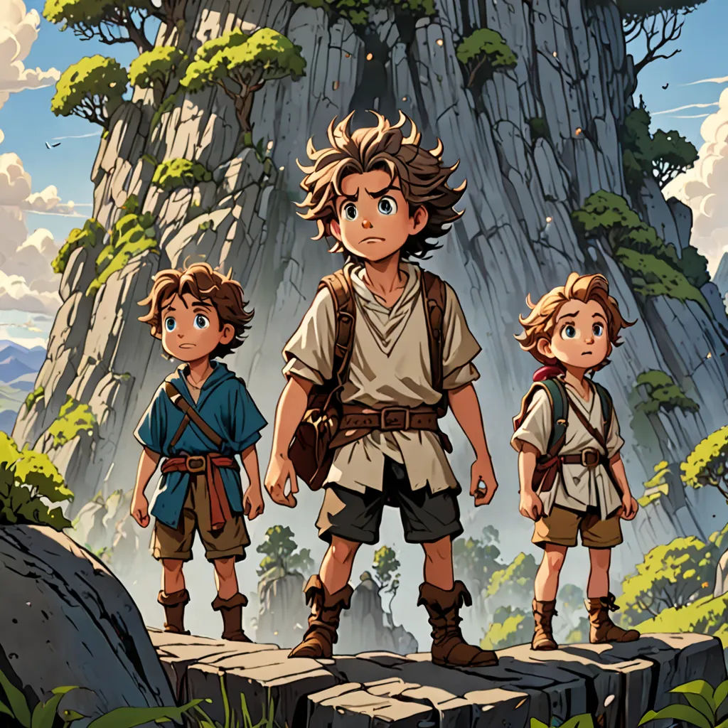 a group of people standing on a rock formation in front of a mountain with a sky background and a tree, sots art, concept art, Cliff Childs, official art