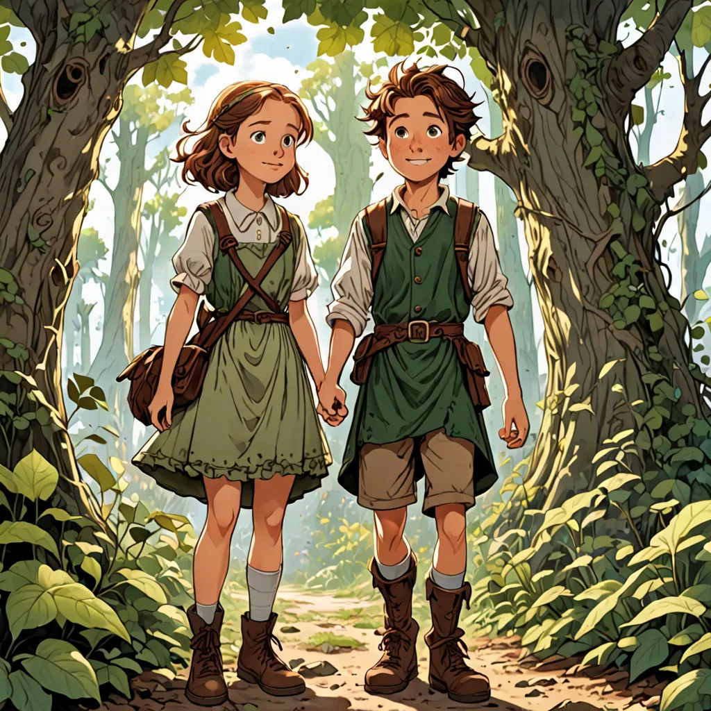 a couple of people standing in a forest next to a tree trunk and a forest path with trees and leaves, fantasy art, a storybook illustration, Diego Gisbert Llorens, rossdraws global illumination