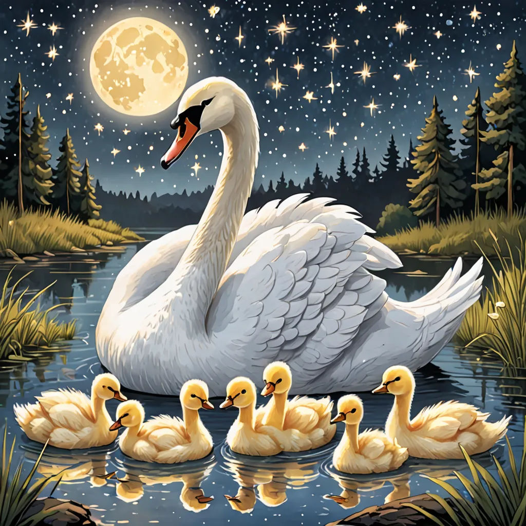 a swan with her babies swimming in a pond at night with the moon in the sky above them and stars above, magical realism, a storybook illustration, David A Hardy, storybook illustration