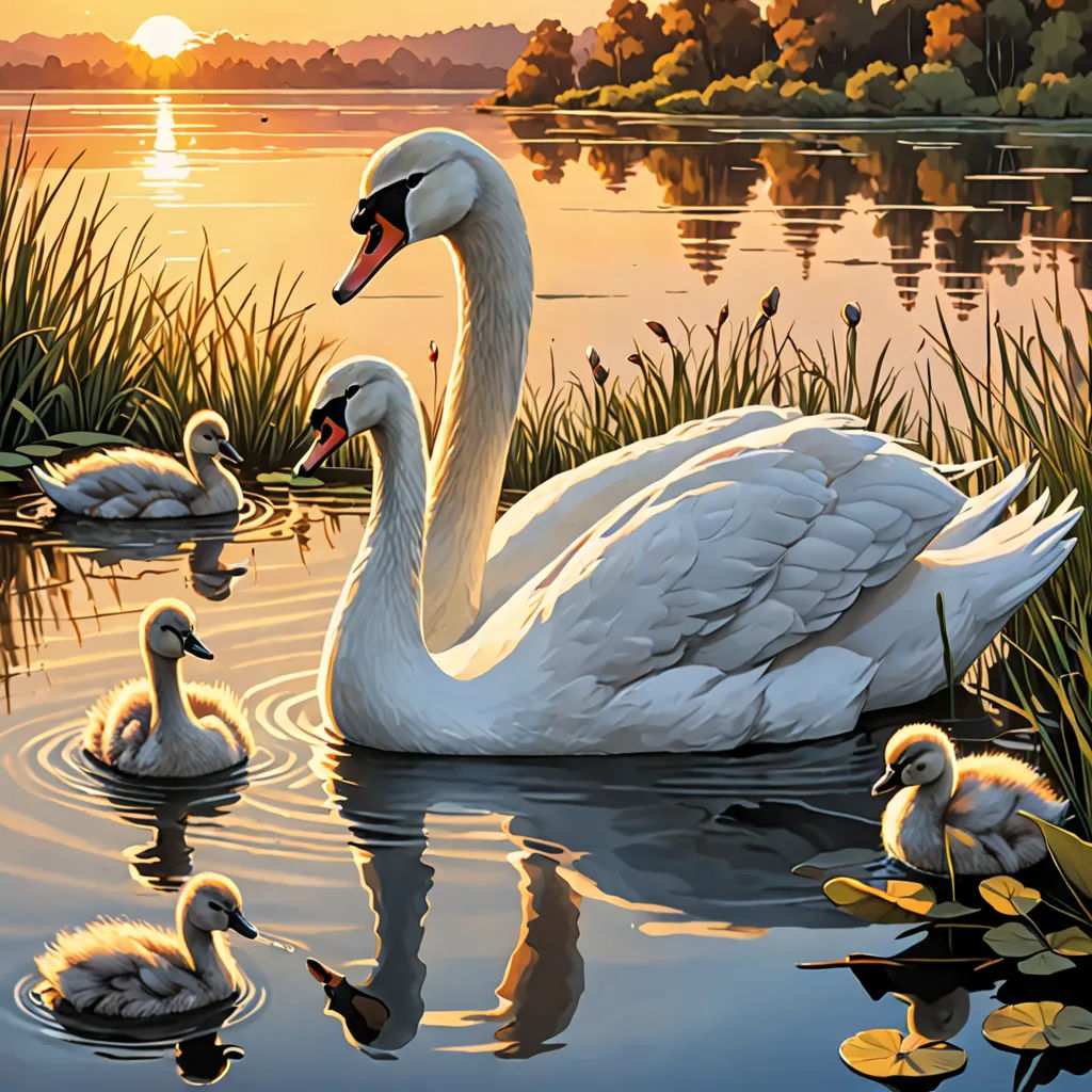 a painting of a swan with her babies in the water at sunset or dawn, with the sun setting, american scene painting, a storybook illustration, Brothers Hildebrandt, highly detailed digital painting